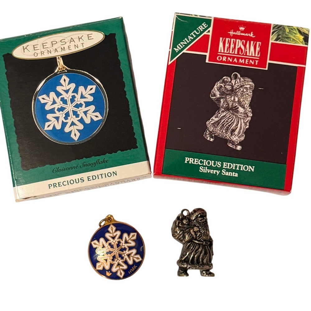 Hallmark Keepsake Ornaments 1993 Cloisonne Snowflake 1991 Silvery Santa Mini
